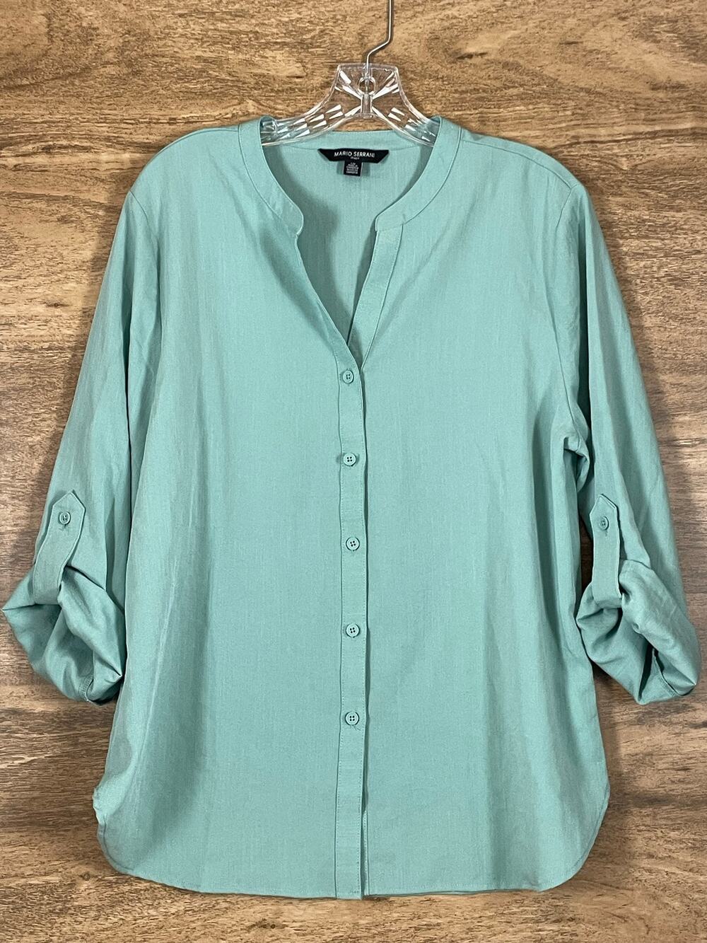 Mario Serrani Women's Large Light Green Button Down Roll Tab Sleeve Blouse Top